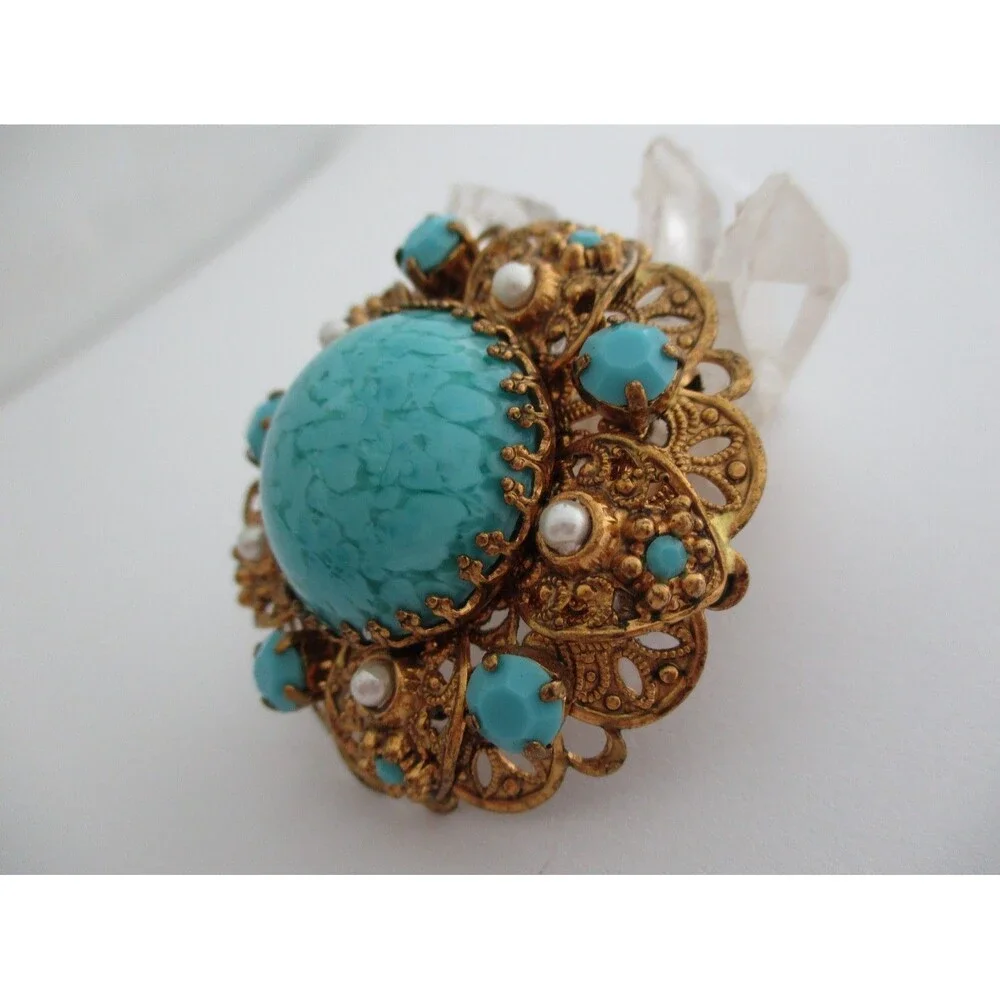 Vintage West  Germany Gold Filigree Turquoise Blue  Pearl Brooch Pin